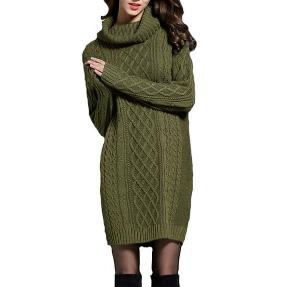Quinlirra Sweater Dress for Women Plus Size Women's Solid Color High Collar Casual Knit Sweater Dress Army Green XXL