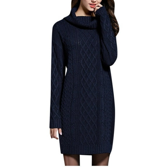 Quinlirra Sweater Dress for Women Plus Size Women's Solid Color High Collar Casual Knit Sweater Dress Navy XXL