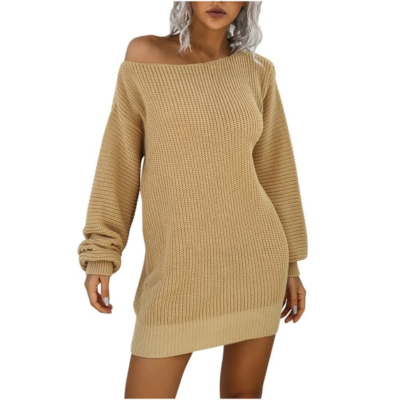 Quinlirra Sweater Dress for Women Trendy Fashion Women Sexy Casual Fold Solid Dress Shoulder Short Sleeve Dress Khaki M