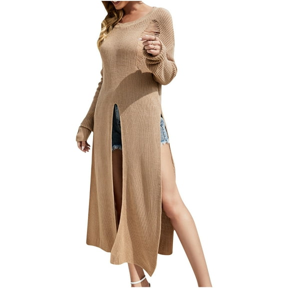 Quinlirra Sweater Dresses for Women 2025 Maxi Women Fashion Casual Round Neck Long Sleeve Hole Hollow Out Ankle-Length Sweater Dress Brown S
