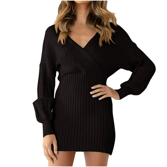 Quinlirra Sweater Dresses for Women 2025 Trendy Women's Summer Solid Color Long Sleeve V-Neck Dress Black S