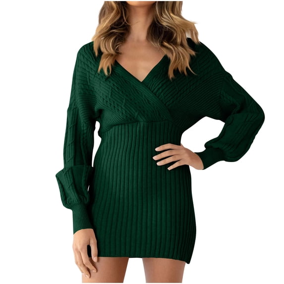 Quinlirra Sweater Dresses for Women 2025 Trendy Women's Summer Solid Color Long Sleeve V-Neck Dress Green XXXL