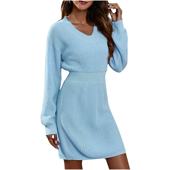 Quinlirra Sweater Dresses for Women 2024 V Neck Ladies Fashion Solid Color V-neck Drop Shoulder Long Sleeve Waist Waist Knitted Sweater Dress Blue M
