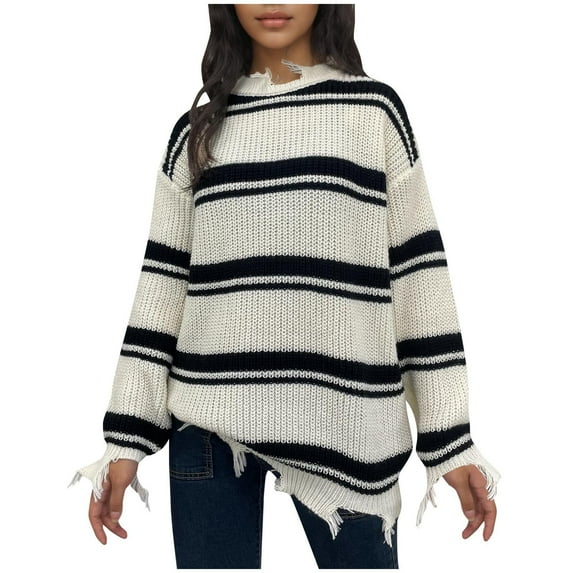Quinlirra Sweaters for Women Trendy 2024 Women's Casual Loose Knit Sweater Withedges Tassel Round Neck Sweater