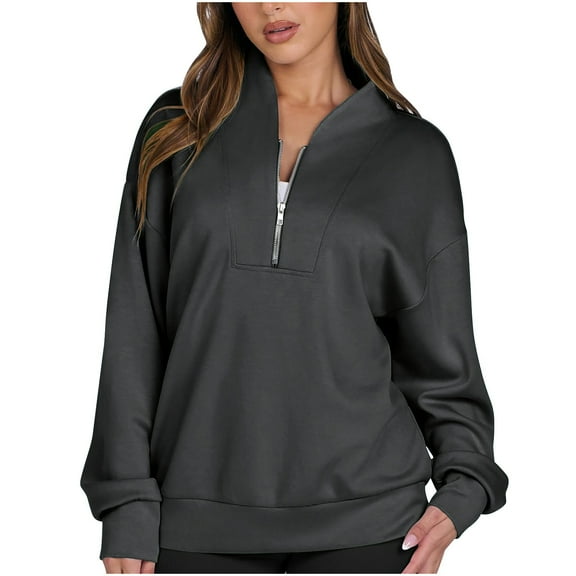 Quinlirra Sweatshirt for Women Zip up Womens Solid Color Hoodless Sweatshirts Long Sleeves Tops Blouses V-neck