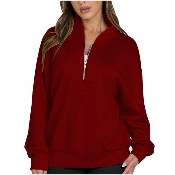 Quinlirra Sweatshirt for Women Zip up Womens Solid Color Hoodless Sweatshirts Long Sleeves Tops Blouses V-neck