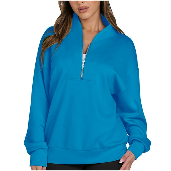 Quinlirra Sweatshirt for Women Zip up Womens Solid Color Hoodless Sweatshirts Long Sleeves Tops Blouses V-neck