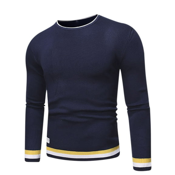 Quinlirra Sweatshirts for Men Crewneck Men's Base Knit Solid Color Long Sleeved Round Neck Top Size L Navy
