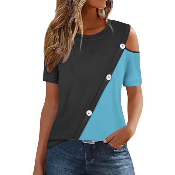 Quinlirra T shirts for Women Women'S 2024 Summer Casual And Comfortable Patchwork Color Cold Shoulder Button Splicing Short-Sleeved Round Neck Top/Shirt
