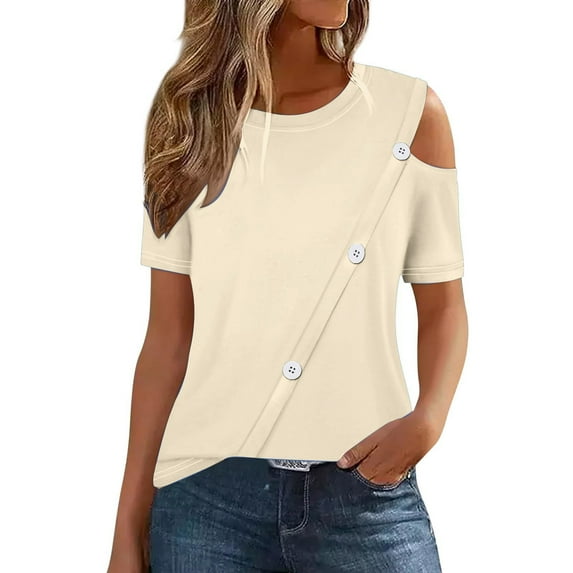 Quinlirra T shirts for Women loose fit Women'S 2025 Summer Casual And Comfortable Solid Color Cold Shoulder Button Splicing Short-Sleeved Round Neck Top/Shirt
