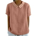 thumbnail image 1 of Quinlirra T shirts for Women 2025 Women's Loose Solid Color Casual Oversized Cotton And Linen Short Sleeved Patchwork Lapel Shirt Top, 1 of 5