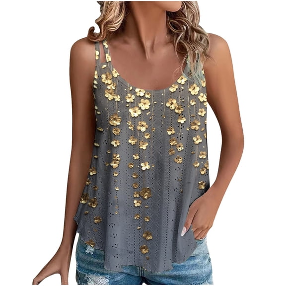 Quinlirra Tank Tops For Women 2025 Women's Spring And Summer New Tank Eyelet Embroidery Scoop Neck Fashion Print Casual Fashion Top