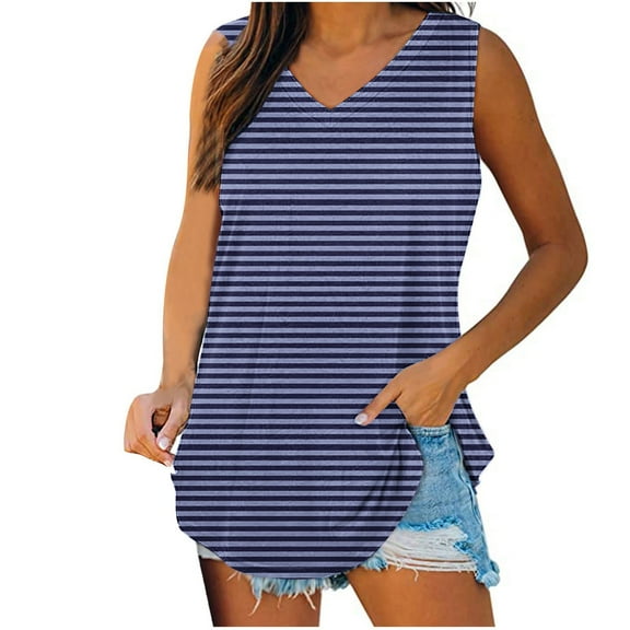 Quinlirra Tank Tops for Women under $5 Women's Striped Tank Tops Loose Fit V-Neck Basic Casual Flowy Summer Sleeveless T-Shirt