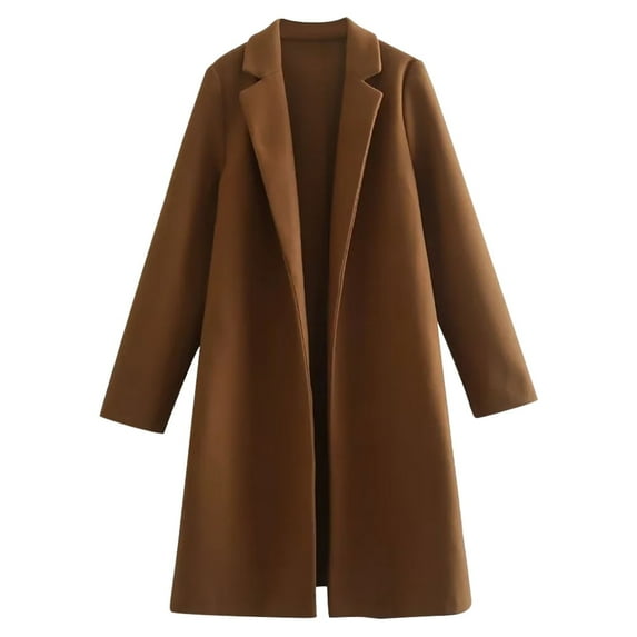 Quinlirra Trench Coat for Women 2025 Women's Solid Color Long Sleeved Woolen Collar Buttonless Mid Length Coat Jacket