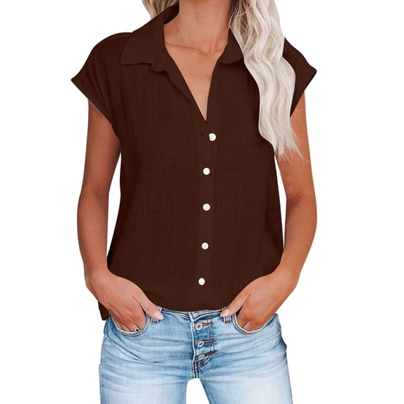 Quinlirra Tshirts for women Women's Tops Fashion Solid Button Shirt Female V-Neck Loose T-shirt Blouse
