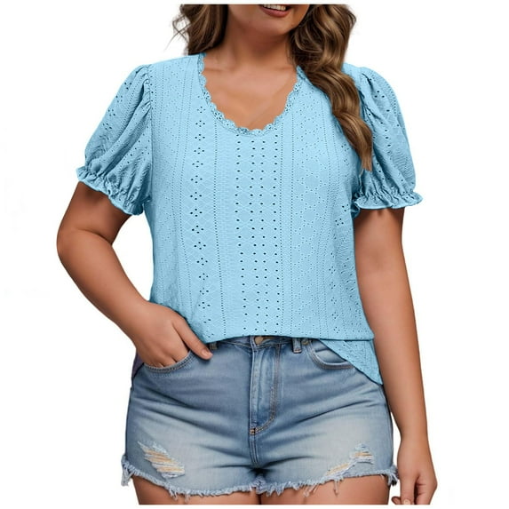 Quinlirra Tshirts shirts for women Women's Summer Plus Size Solid Color Round Neck Hollow Puff Sleeve Women's Short Sleeve Round Neck Top/Shirt