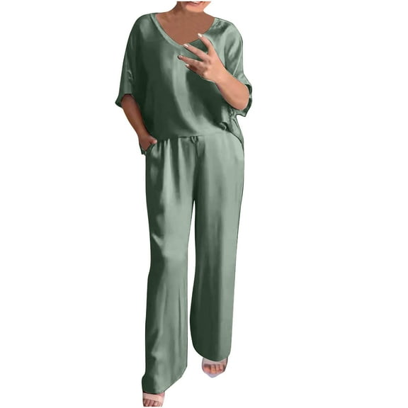 Quinlirra Two Piece Outfits Women Pants and Top Summer Women's Solid Color Round Neck Short Sleeve Tops And Pants Sets With Pockets