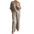 thumbnail image 1 of Quinlirra Two Piece Outfits Women Pants and Top Summer Women's Solid Color Round Neck Short Sleeve Tops And Pants Sets With Pockets, 1 of 5