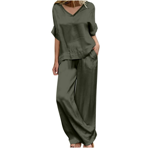 Quinlirra Two Piece Sets For Women Summer Plus Size Women'S Spring/Summer Satin Solid Color V-Neck Casual Suit With Irregular Hem