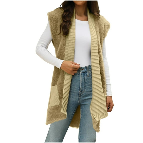 Quinlirra Vest Tops for Women Long Women's Winter New Sleeveless Knitted Cardigan Mid Long Solid Color Jacket Top