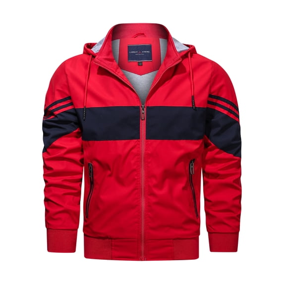 Quinlirra Winter Jackets for Men 5XL Men's Contrasting Color Hooded Zipper Casual Warm Windproof Pocket Motorcycle Jacket