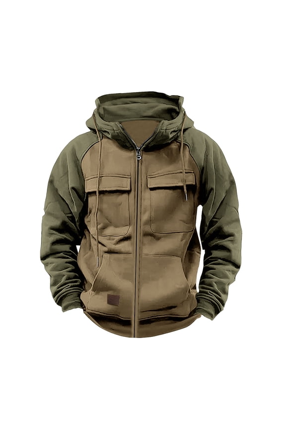 Winter Jackets for Men Clearance Men's Vintage Workwear Color Block Multi Pocket Zipper Long Sleeved Hooded Casual Jacket
