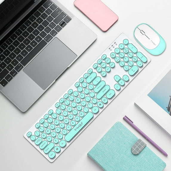 Quinlirra Back to School Wireless Keyboard and Mouse Combo Cute Keyboard Retro Round Keycap Ultra Thin Quiet 2.4Ghz Retro Key Board for Laptop