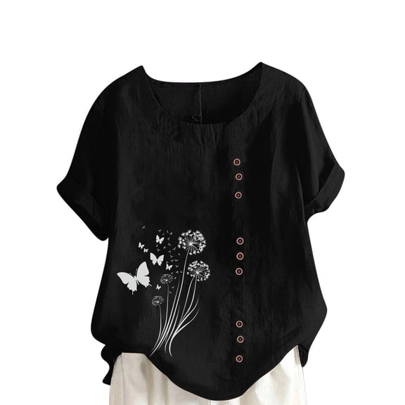 Quinlirra Women Casual And Linen Round-Neck Tops Printed Short Sleeve Button T-shirt Blouse