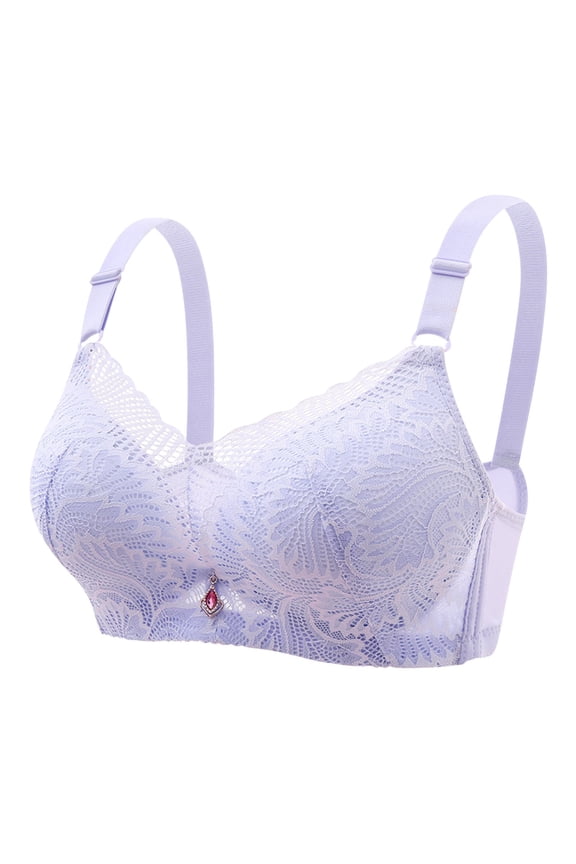 Women Sexy Breathable Lace Bra With No Steel Ring And Rear Buckle Not Empty Cup Gathered Flat Chest Large And Adjustable Shoulder Straps Double Breast Underwear Purple Size M