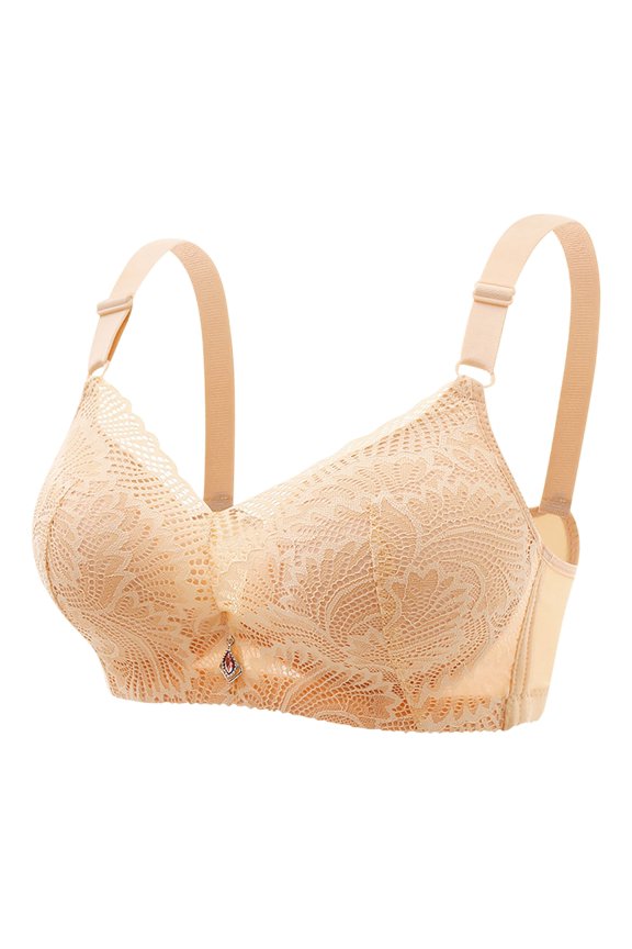 Women Sexy Breathable Lace Bra With No Steel Ring And Rear Buckle Not Empty Cup Gathered Flat Chest Large And Adjustable Shoulder Straps Double Breast Underwear Beige Size M