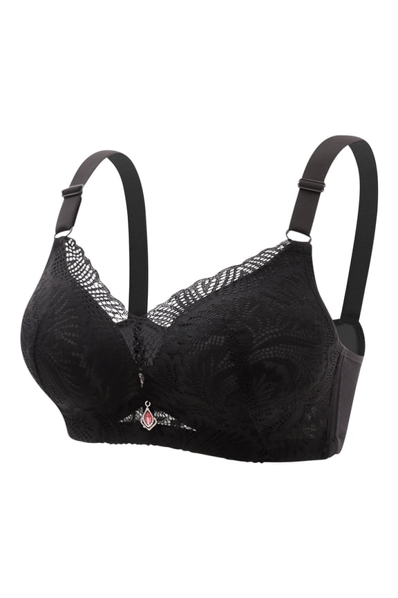 Women Sexy Breathable Lace Bra With No Steel Ring And Rear Buckle Not Empty Cup Gathered Flat Chest Large And Adjustable Shoulder Straps Double Breast Underwear Black Size XL
