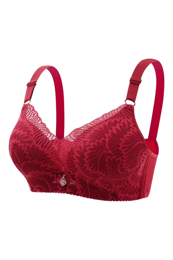 Women Sexy Breathable Lace Bra With No Steel Ring And Rear Buckle Not Empty Cup Gathered Flat Chest Large And Adjustable Shoulder Straps Double Breast Underwear Wine Size XL