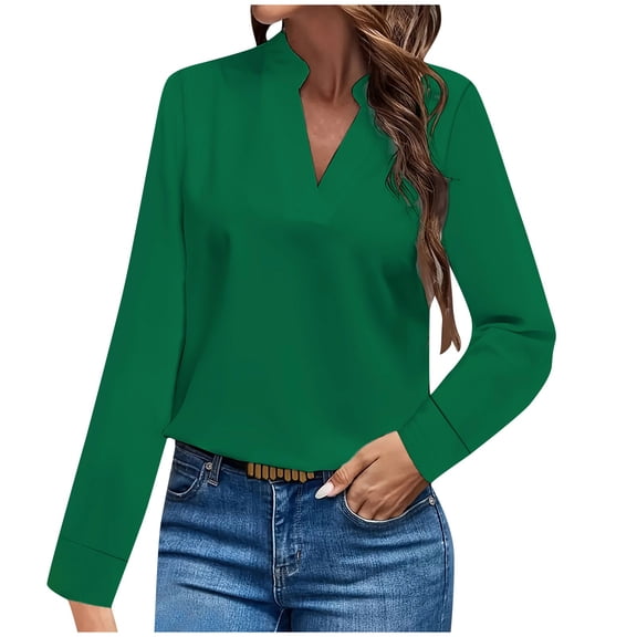 Quinlirra Women Sweatshirts Trendy Women's Casual Solid Color Long Sleeve V-neck Tops Green M
