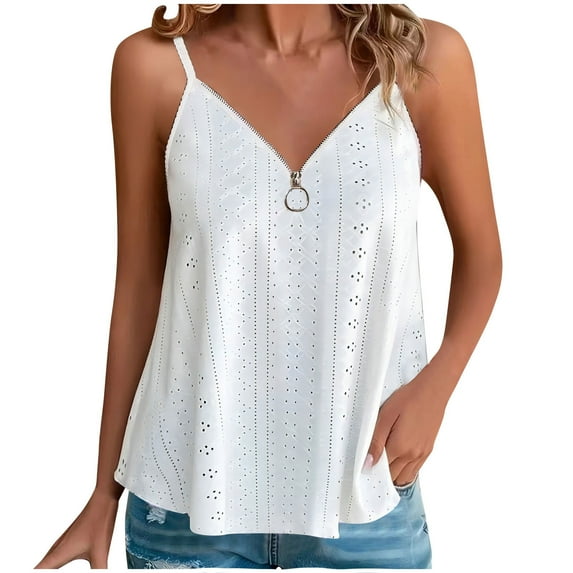 Quinlirra Women Tank Tops With built in bra Fashion Women's Casual Zipper Hollow V-neck Solid Color Casual Top