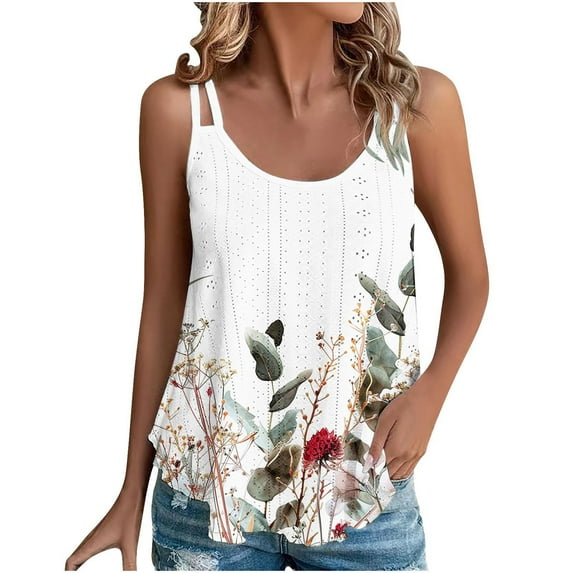 Quinlirra Women Tank Tops long 2025 Women's Spring And Summer New Tank Eyelet Embroidery Scoop Neck Fashion Print Casual Fashion Top