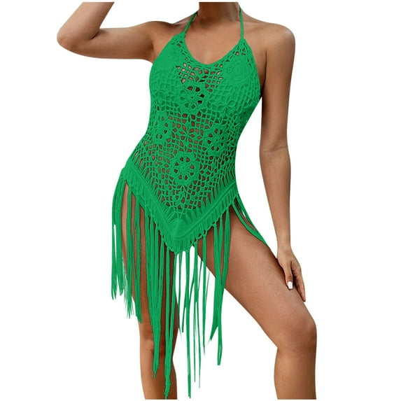 Quinlirra Women's Beach Cover Ups One Piece Fashion Sexy Comfy Solid Color Vent Sling Hollow Out Tassel Dress