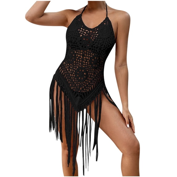 Quinlirra Women's Beach Cover Ups One Piece Fashion Sexy Comfy Solid Color Vent Sling Hollow Out Tassel Dress
