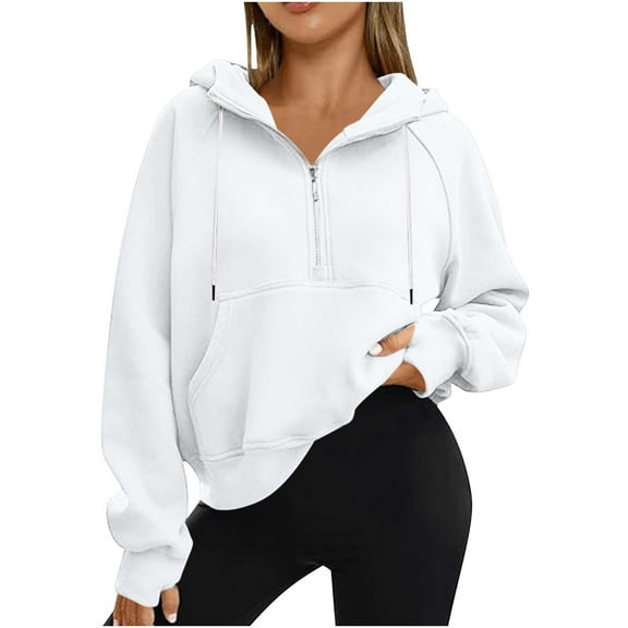 Quinlirra Women's Fashion Hoodies & Sweatshirts Cropped Women's Half Zipper Sweatshirt Thumb Hoodie Hat Hoodie 2025 Winter Hoodie
