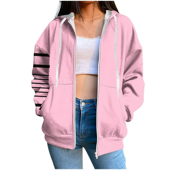 Quinlirra Women's Fashion Hoodies & Sweatshirts Full Zip Women's Stripe Pockets Zipper Long Sleeved Regular Top Hooded Sweatshirts Coat Outwear