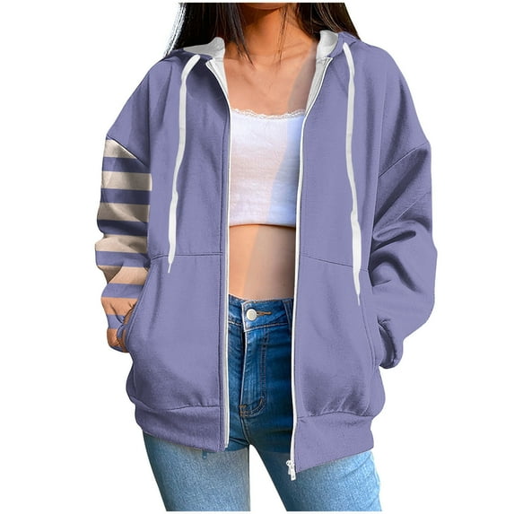 Quinlirra Women's Fashion Hoodies & Sweatshirts Petite Women's Stripe Pockets Zipper Long Sleeved Regular Top Hooded Sweatshirts Coat Outwear