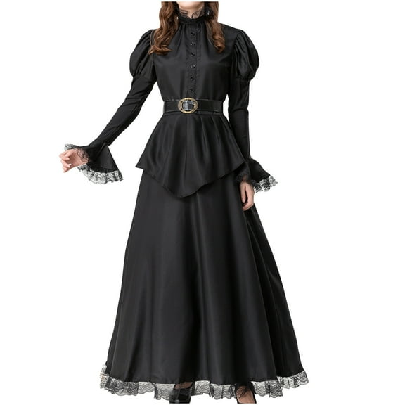 Quinlirra Women's Medieval Renaissance Retro Gown Costume Dress Women's Gothic Court Style Belt Witch Bubble Sleeve Long Sleeve Round Neck Dress