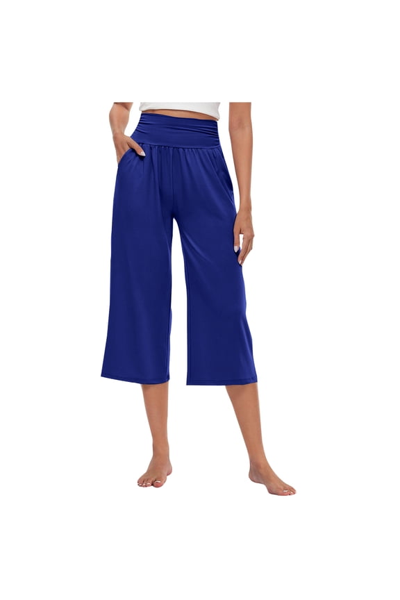 Women's Pants Suit Women Capris Solid Elastic Waist Pocket Cropped Pants Casual Stretchy Stylish Pants Yoga Sports Casual Yoga Pants