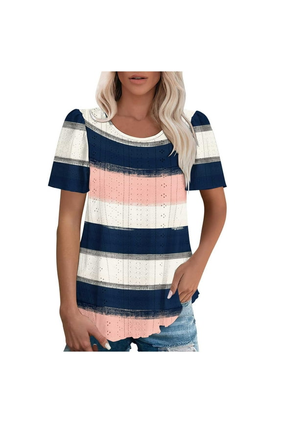 Women's Spring/Summer Tops Printed Round Neck Sleeve Puff Short Sleeve Top