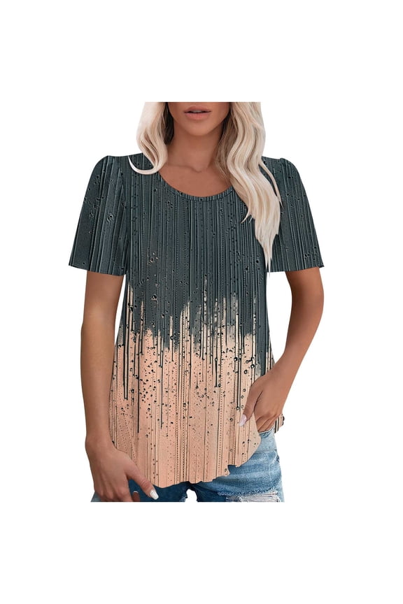 Women's Spring/Summer Tops Printed Round Neck Sleeve Puff Short Sleeve Top
