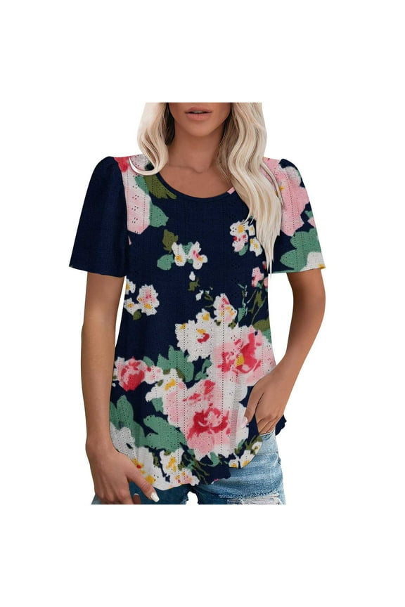 Women's Spring/Summer Tops Printed Round Neck Sleeve Puff Short Sleeve Top