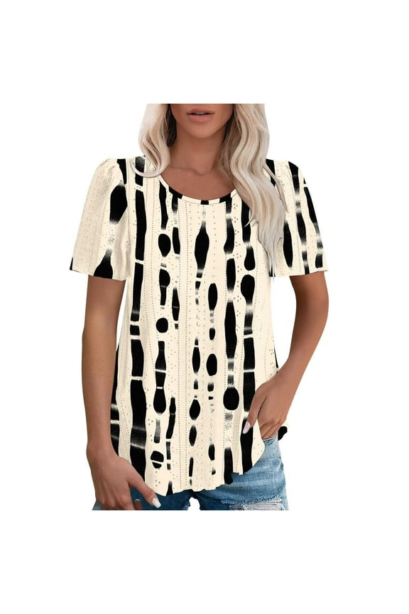 Women's Spring/Summer Tops Printed Round Neck Sleeve Puff Short Sleeve Top