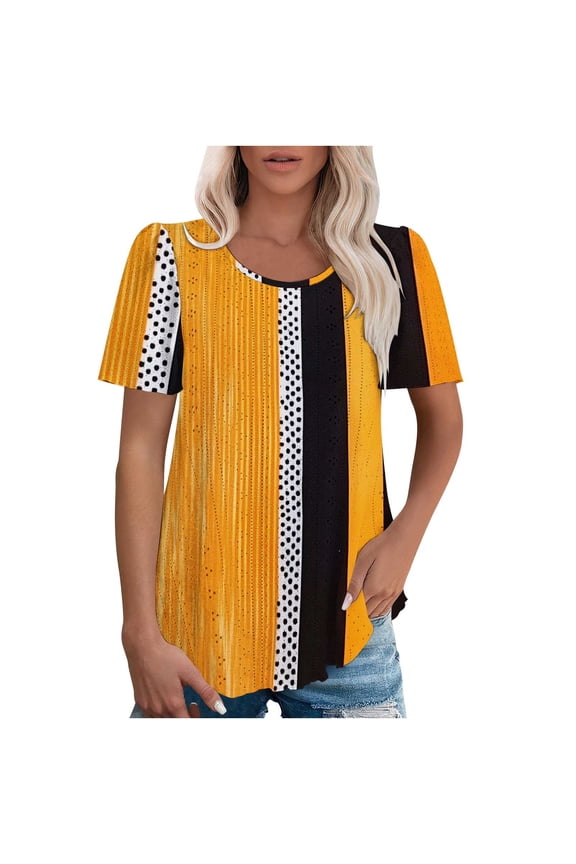 Women's Spring/Summer Tops Printed Round Neck Sleeve Puff Short Sleeve Top