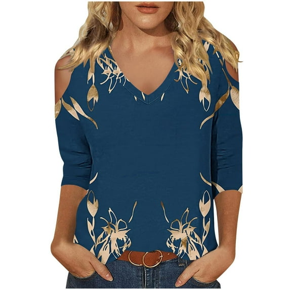 Quinlirra Women's T-shirts for 2025 Women's Fashionable Casual 3/4 Sleeve Off Shoulder V-neck Printed Top