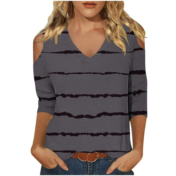 Quinlirra Women's T-shirts graphic Women's Fashionable Casual 3/4 Sleeve Off Shoulder V-neck Printed Top