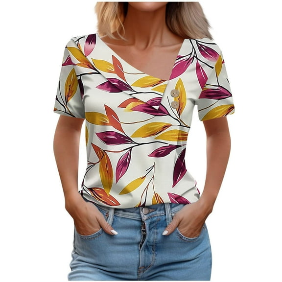Quinlirra Women's Tshirts V-Neck Printed T-Shirt Short Sleeve Blouses Dressy Tops Casual Loose